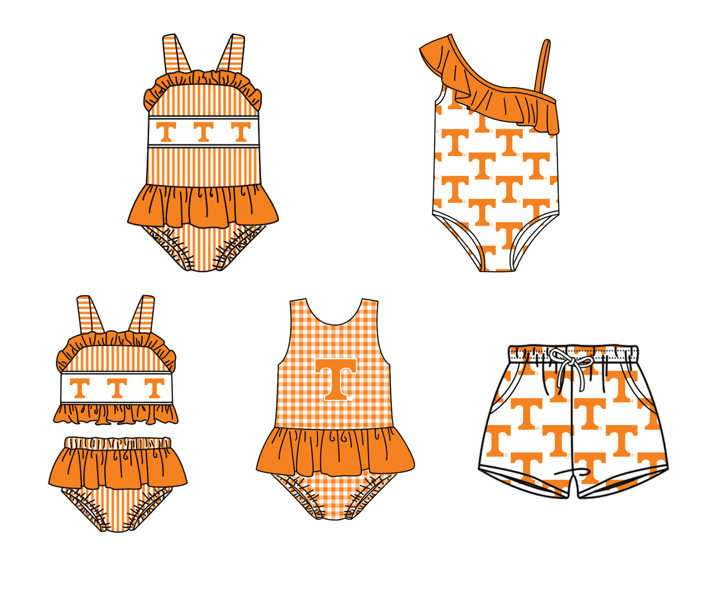 Custom moq 5 mix size milk silk summer teams Baby Girl Orange Two-Piece Swimsuit Set One Piece Swimsuits Boys Swim Trunks