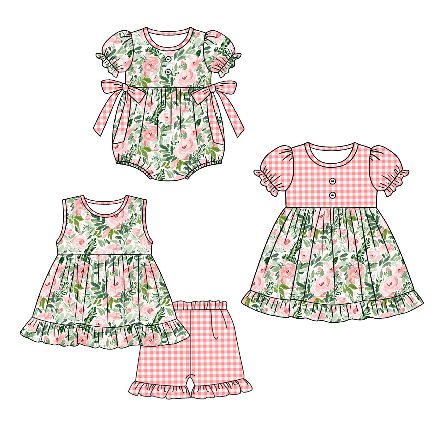 3.24 Custom moq 5 mix size Sibling Baby Girl's Sleeveless Top And Checked Shorts Set Cute Dress for Summer