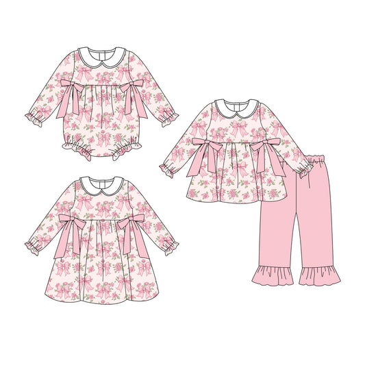 25.7.18 custom each style moq 5eta 4-6week Sibling Sisters bow floral pink baby girl long sleeve pants sets and dress and rompers match family design