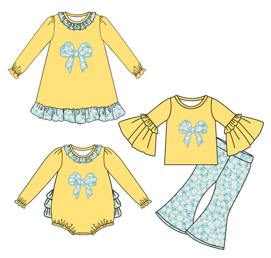 25.7.12 custom each style moq 5eta 4-6week Sibling Sisters bow yellow baby girl long sleeve pants sets and dress and rompers match family design
