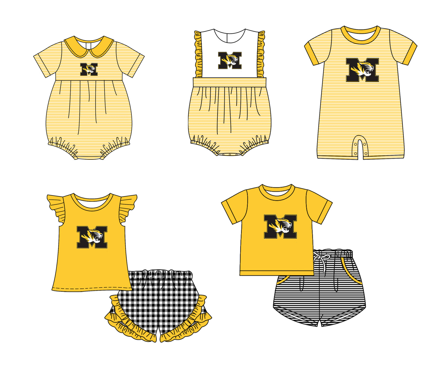 Custom moq 5 mix size milk silk summer teams Baby Boys And Girls Yellow Short-Sleeved Shirt And Shorts Set Matching Striped Rompers Outfit Set