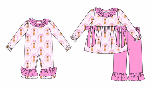 25.6.30 custom each style moq 5eta 4-6week Sibling Sisters bow puppy pink baby girl long sleeve pants sets and rompers match family design