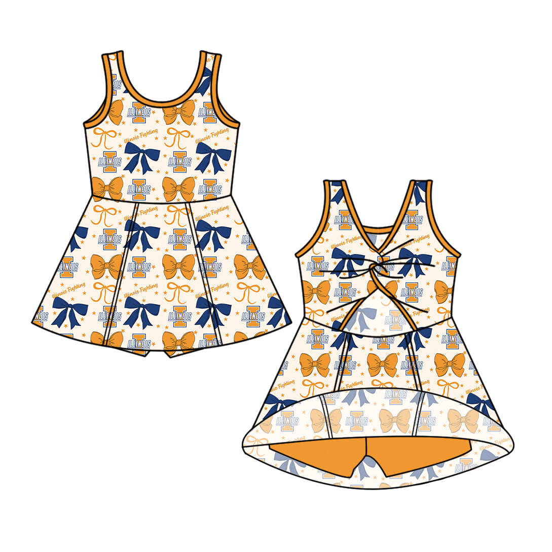 Custom moq 5 mix size milk silk summer teams baby girls clothes team bow orange sleeveless skirts sets and dress 1 and dress 2 and dress 3-25.6.25