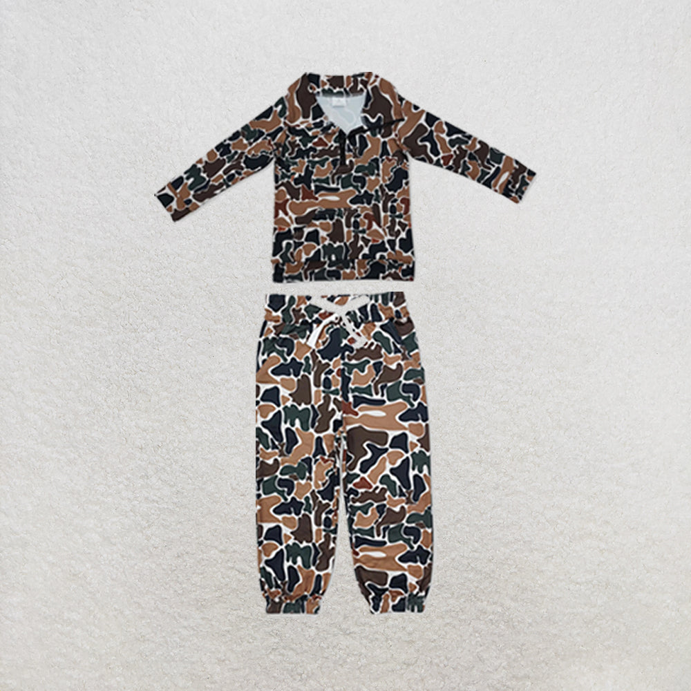 RTS NO MOQ Sibling milk silk Baby Boys Camo Print Long Sleeve Zip Pocket Pullover Matching Jogger Pant Two Piece Clothes Set