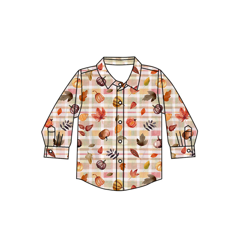 8.15 custom each style moq 5 eta 4-6week baby boys clothes pumpkin leaf button long sleeve top