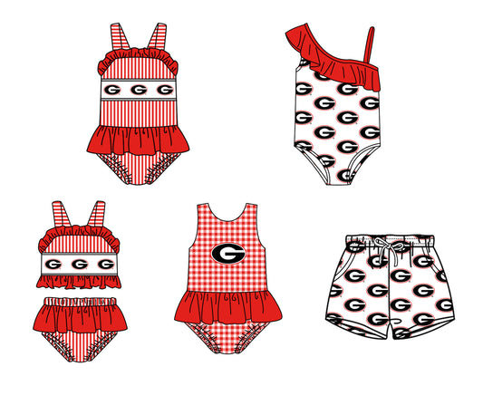 Custom moq 5 mix size milk silk summer teams Red Baby Girl Two-Piece Swimsuit Set One Piece Swimsuits Boys Swim Trunks