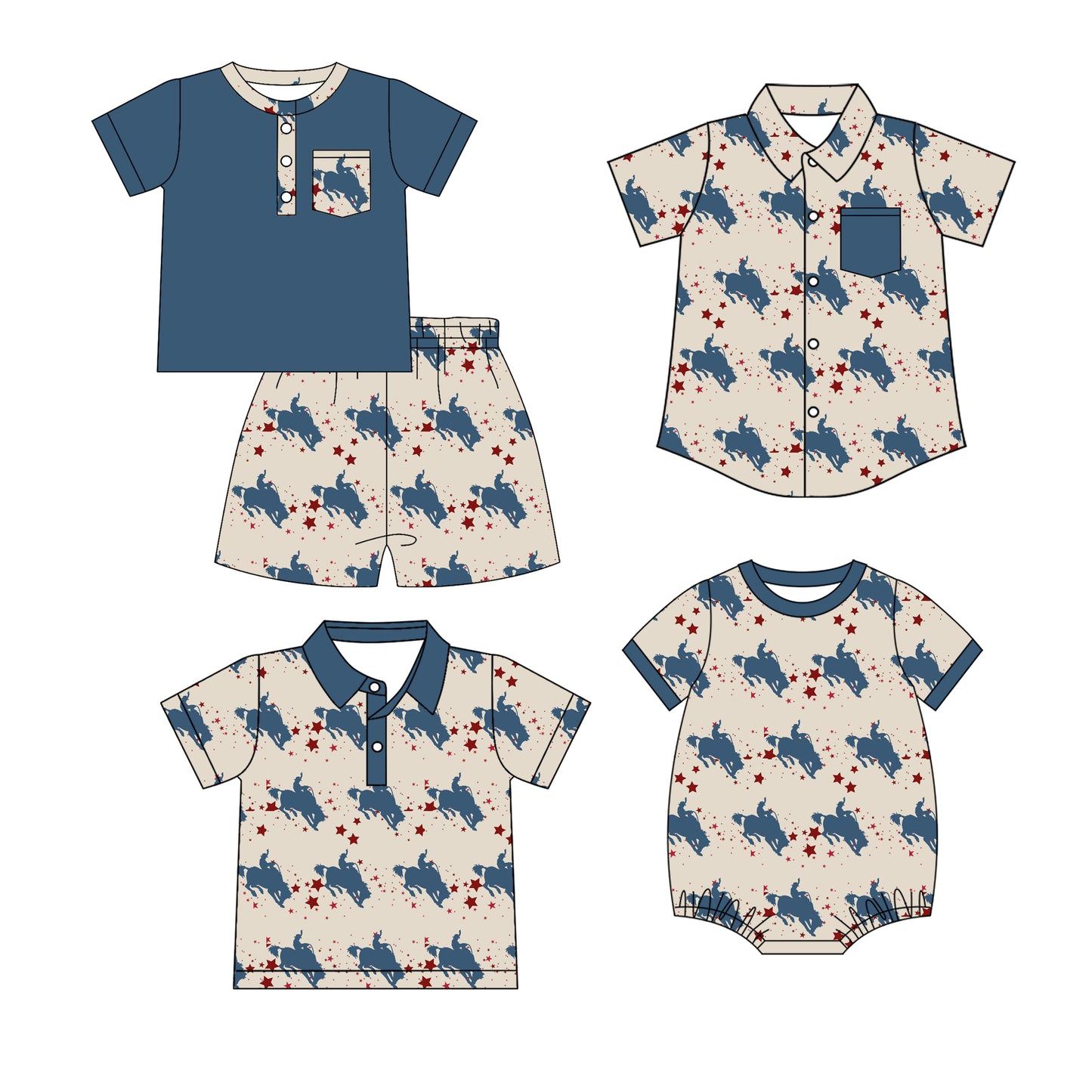 25.12.18 custom each style moq 5 eta 6-8 week Sibling Sister riding horse baby boy short sleeve shorts sets and boy rompers and top 2 match family design