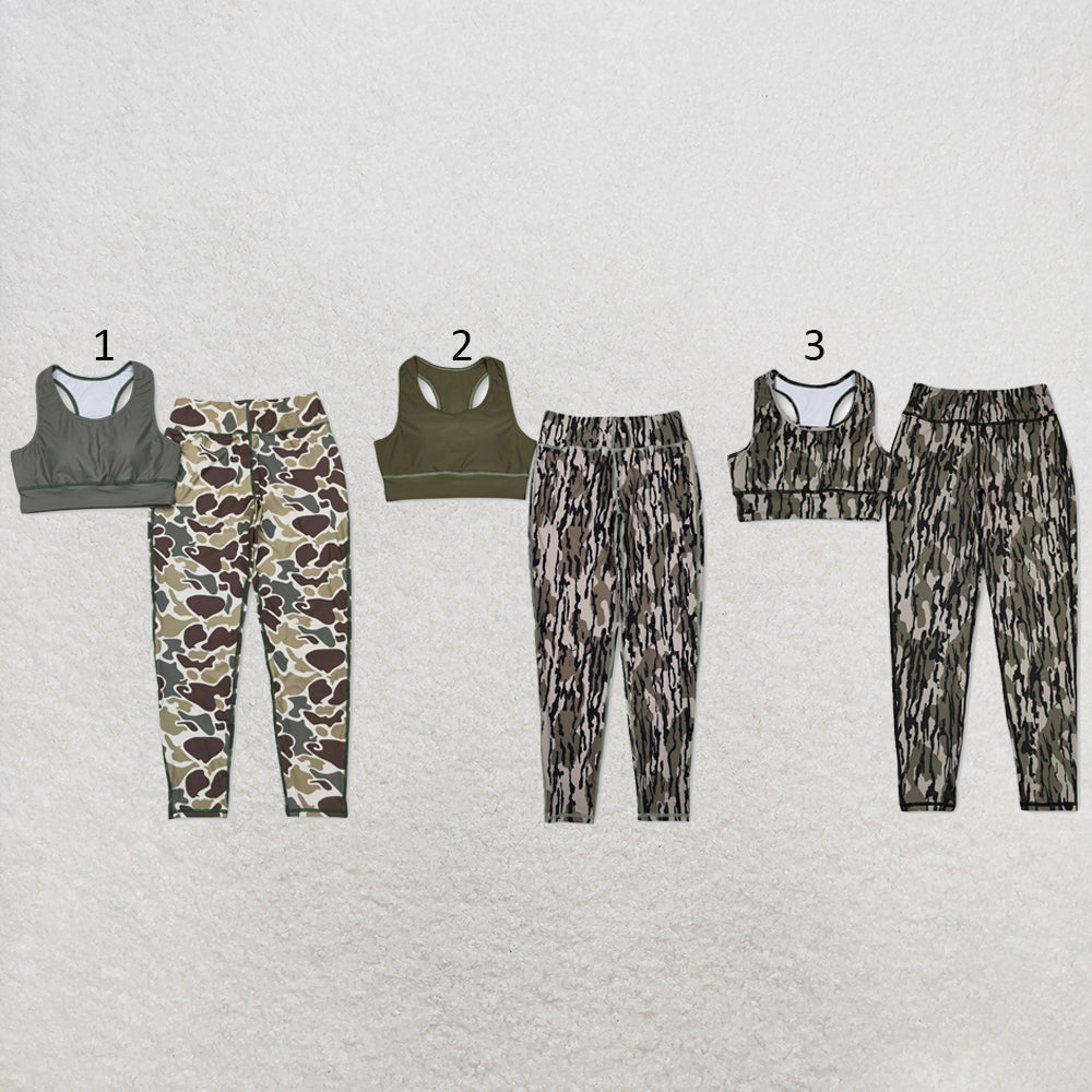 RTS NO MOQ Sibling yoga fabric Adult Women Camo Print Sleeveless Vest Top Matching Pants Two Piece Yoga Sports Clothes Set