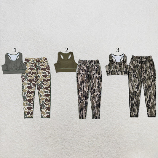 RTS NO MOQ Sibling yoga fabric Adult Women Camo Print Sleeveless Vest Top Matching Pants Two Piece Yoga Sports Clothes Set