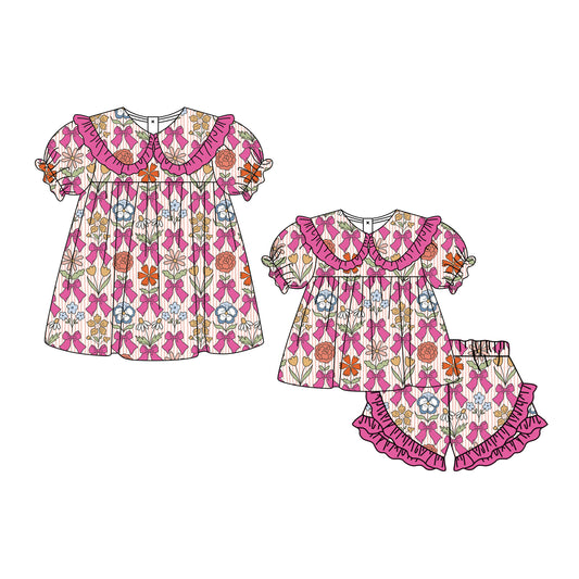 3.3 Custom moq 5 mix size Sibling Baby Girl's pink flowers Short-Sleeved Top And Shorts Set Cute Dress for Summer