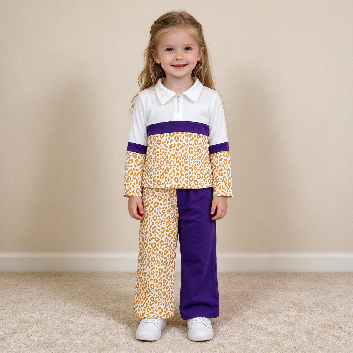 NEW RTS NO MOQ milk silk GLP3580 Baby Girls Color Block Purple Yellow Leopard Half Zip Collar Top Wide Leg Pants Casual Set