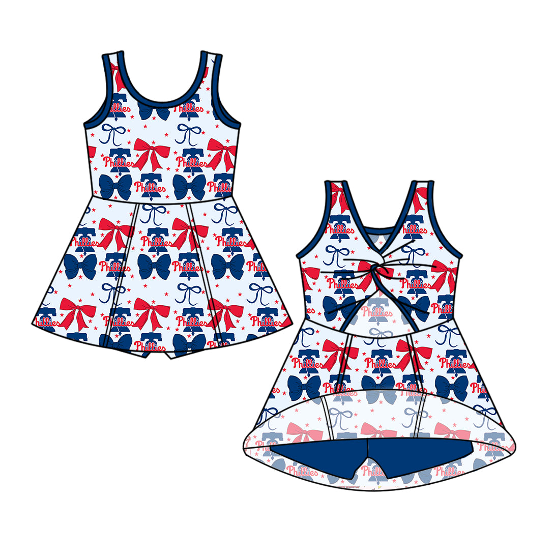 Custom moq 5 mix size milk silk summer teams baby girls clothes team bow blue long sleeve hooded pants sets and dress 1 and dress 2 and romper-25.6.16