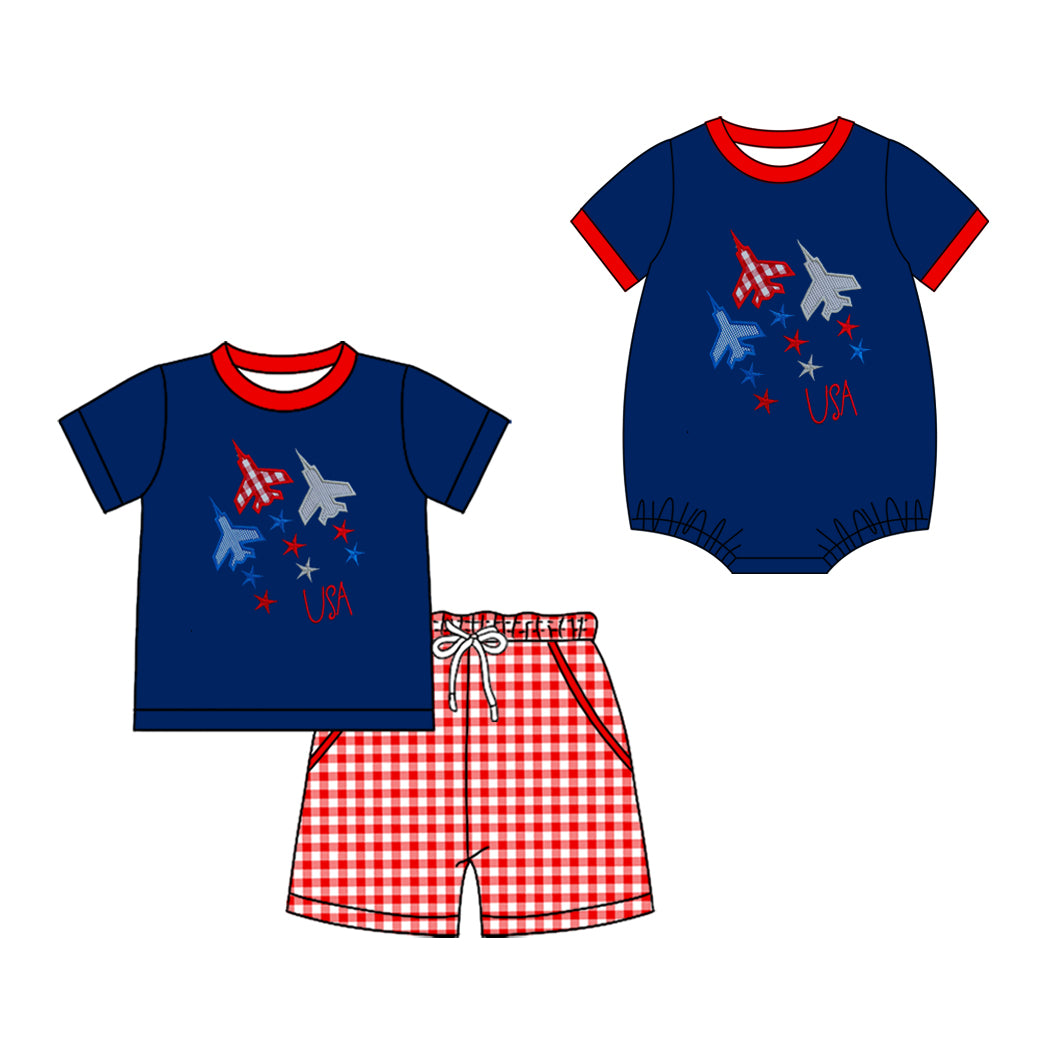 3.2  Custom moq 5 mix size Sibling 4th of July Baby Boys Navy Blue Romper Short-Sleeved Top And plaid Shorts Set for Infants