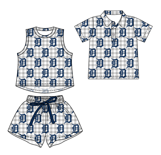 Custom moq 5 mix size milk silk summer teams Girls Grey Checked Sleeveless Top And Short Sets Boys Short Sleeve Button Polo Shirt Top