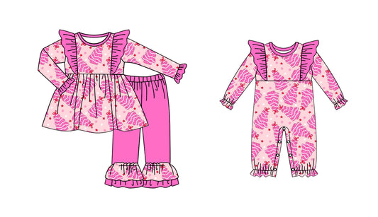 25.5.25 custom each style moq 5eta 4-6week Sibling Sisters Christmas trees bow baby girl long sleeve pants sets and rompers match family design