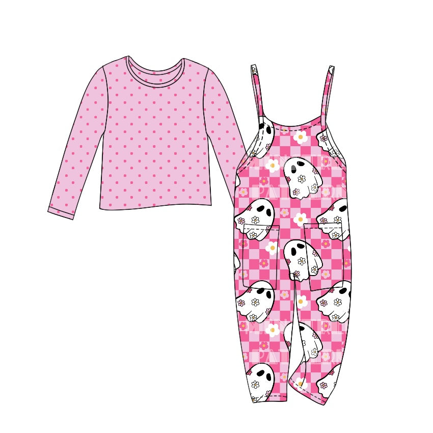 7.17 custom each style moq 5eta 4-6week Sibling Sister baby girls pumpkin overall sets 1 and ghost pink overall sets2 and smiley pink sets 3 match family design