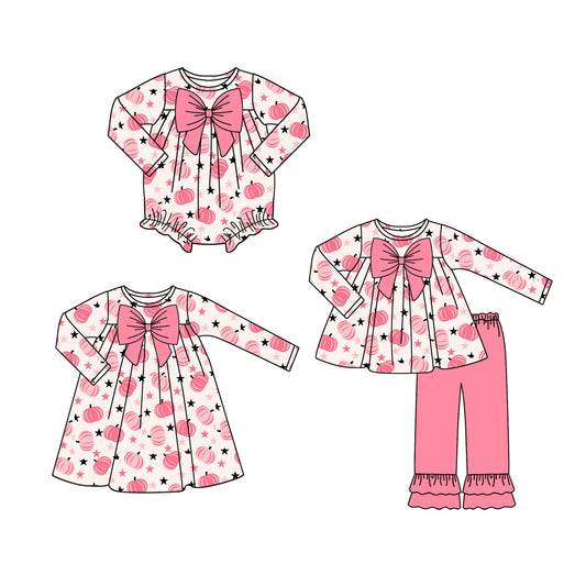 25.7.10 custom each style moq 5eta 4-6week Sibling Sisters pumpkin pink baby girl long sleeve pants sets and dress and rompers match family design