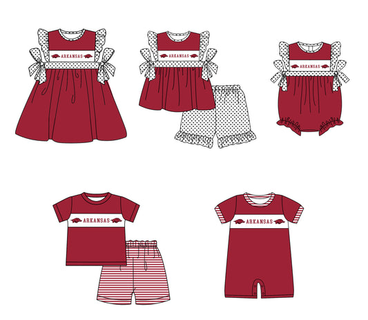 Custom moq 5 mix size milk silk summer teams baby girl boys clothes red short sleeve shorts sets 2  and dress and rompers 2 series