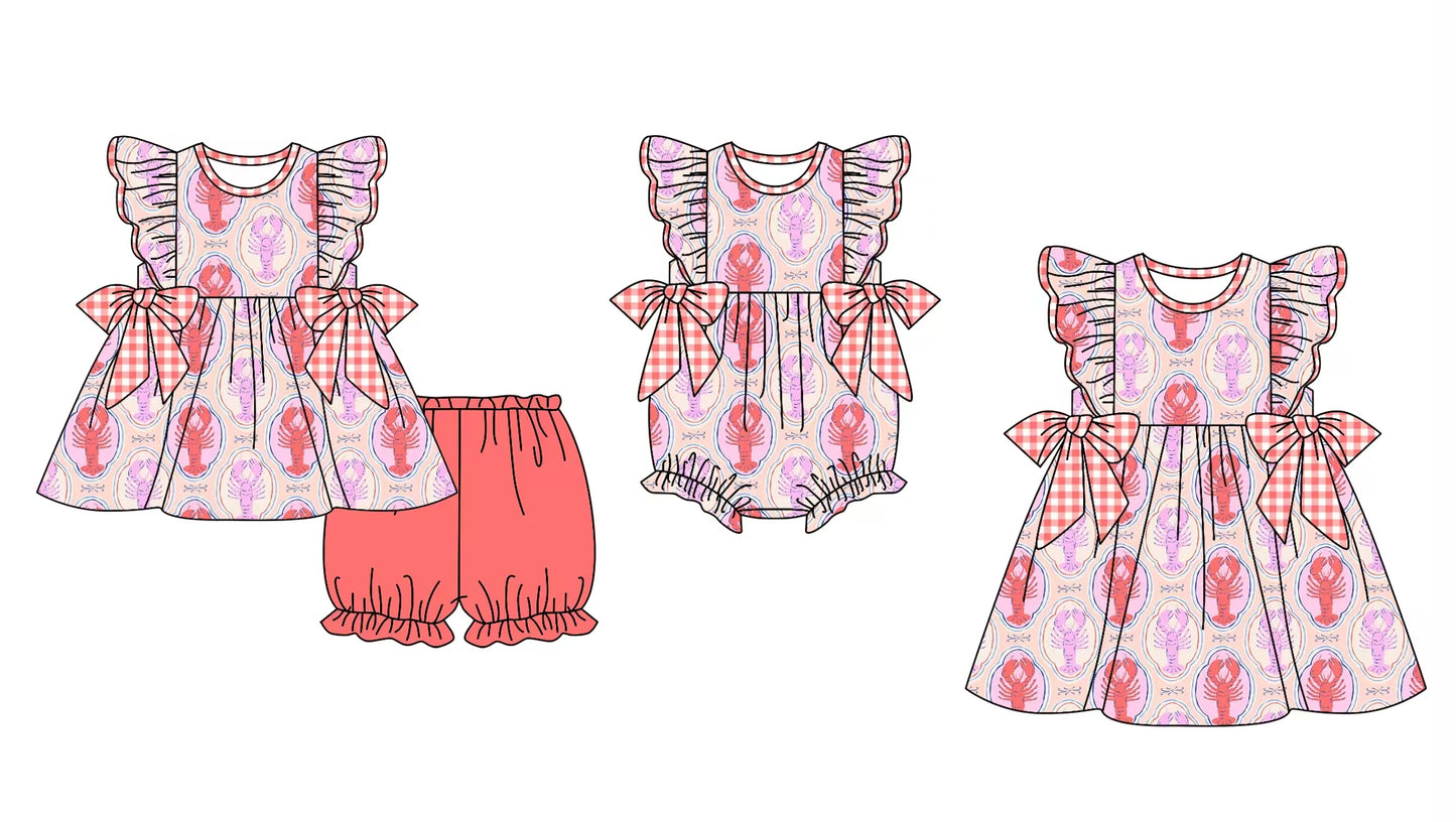 12.5 custom each style moq 5eta 4-6week Sibling Sister lobster baby girl short sleeve shorts sets and dress and rompers match family design