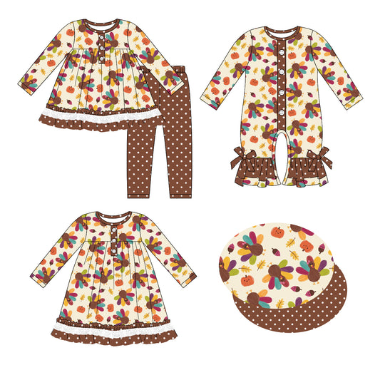 25.6.27 custom each style moq 5eta 4-6week Sibling Sisters turkey baby girl long sleeve pants sets and dress and rompers match family design