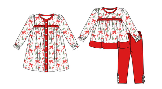 25.5.21 custom each style moq 5eta 4-6week Sibling Sisters Christmas bow red baby girl long sleeve pants sets and dress match family design