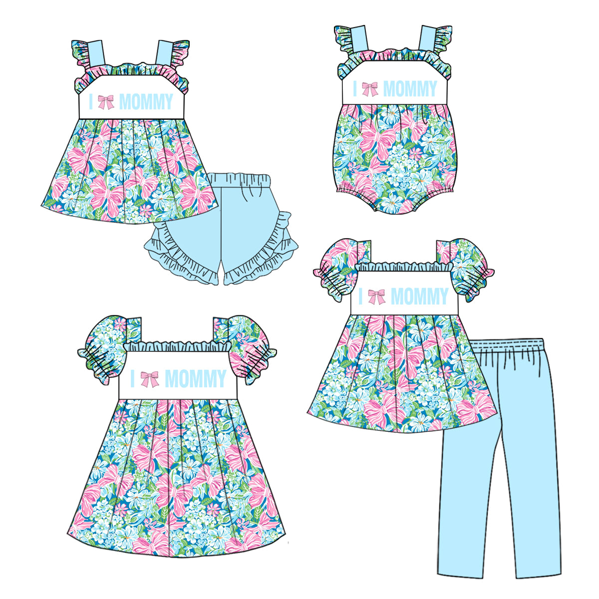 25.10.28 custom each style moq 5 eta 6-8week Sibling Sisters love mommy floral bow blue baby girl short sleeve shorts sets and pants sets and dress and rompers match family design