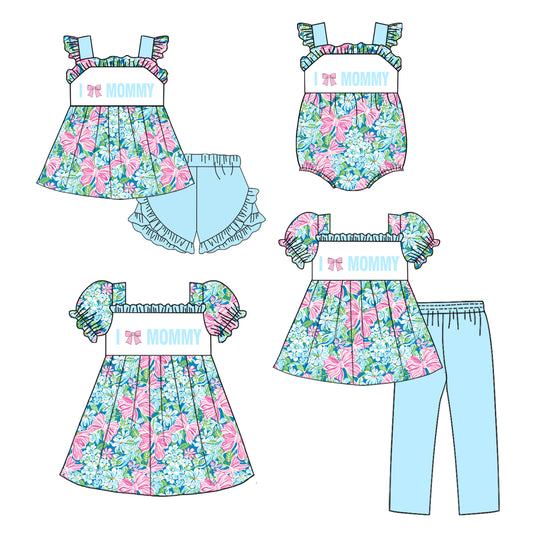 25.10.28 custom each style moq 5 eta 6-8week Sibling Sisters love mommy floral bow blue baby girl short sleeve shorts sets and pants sets and dress and rompers match family design