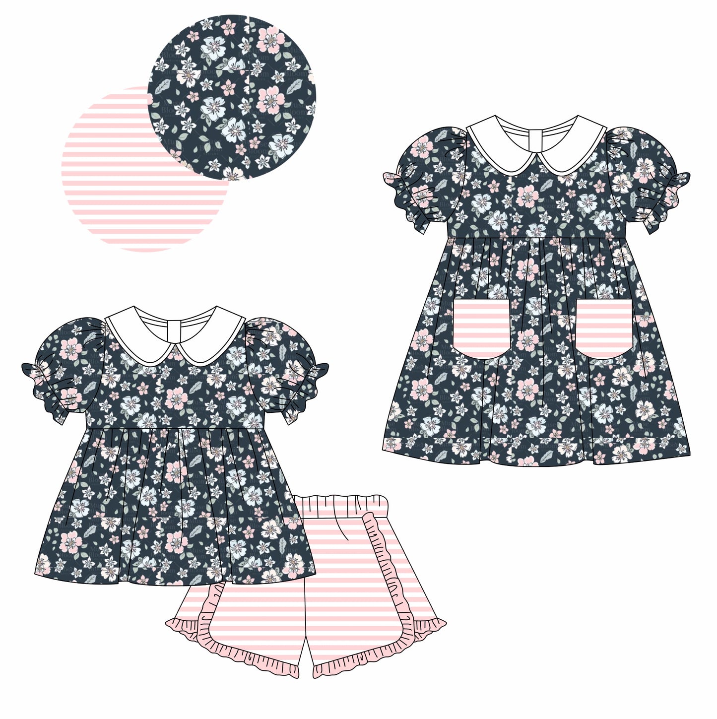 11.11 custom each style moq 5eta 4-6week Sibling Sister floral baby girl short sleeve shorts sets and dresses match design