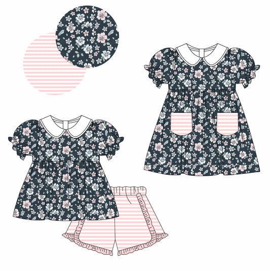 11.11 custom each style moq 5eta 4-6week Sibling Sister floral baby girl short sleeve shorts sets and dresses match design