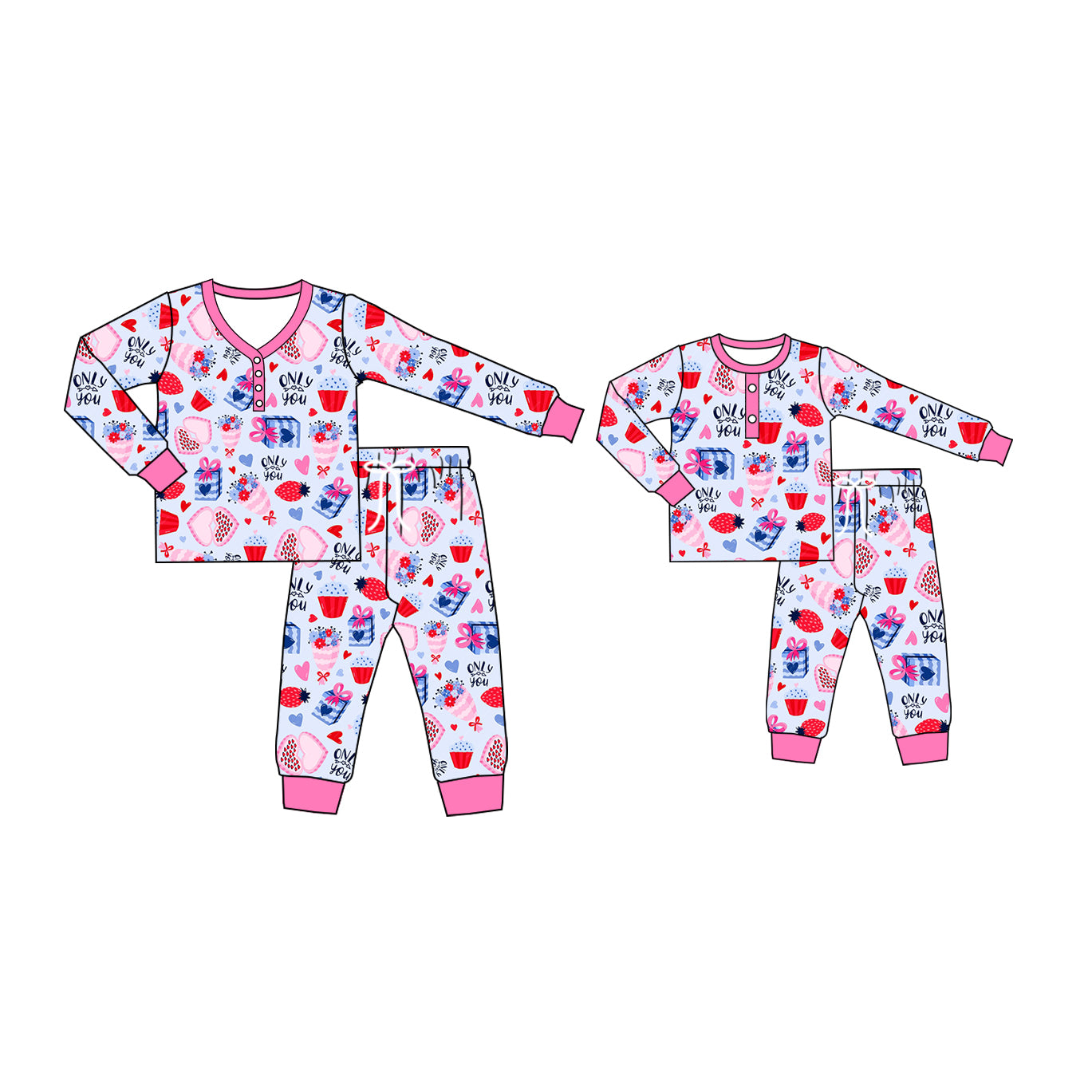 12.2 custom each style moq 5eta 4-6week Sibling Sister gift pink baby girls long sleeve pants sets and adult sets match design