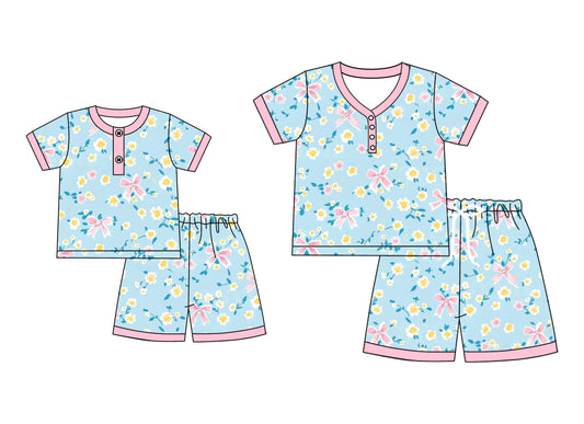 4.23 custom each style moq 5eta 4-6week Sibling Sister bow floral short sleeve shorts sets and adult sets match design