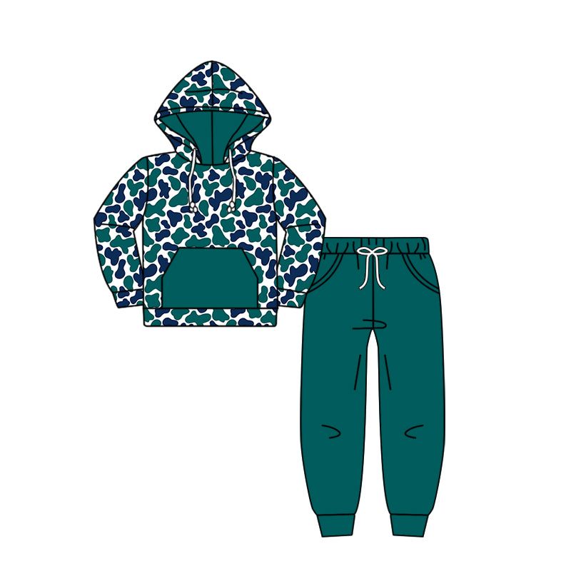 Custom moq 5 mix size milk silk summer teams baby girls clothes camouflage green hooded long sleeve pants sets 2 and boy pants sets and pant-25.8.9