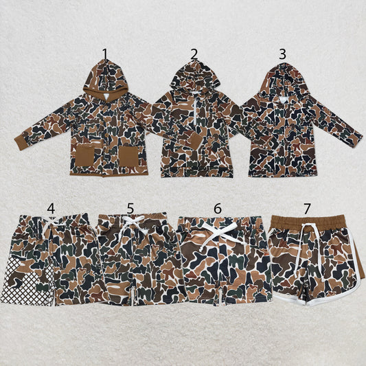 RTS NO MOQ Sibling milk silk Baby Boys Brown Camo Printed Hoodie Top Pocket Short Clothes Set Daily Outfit
