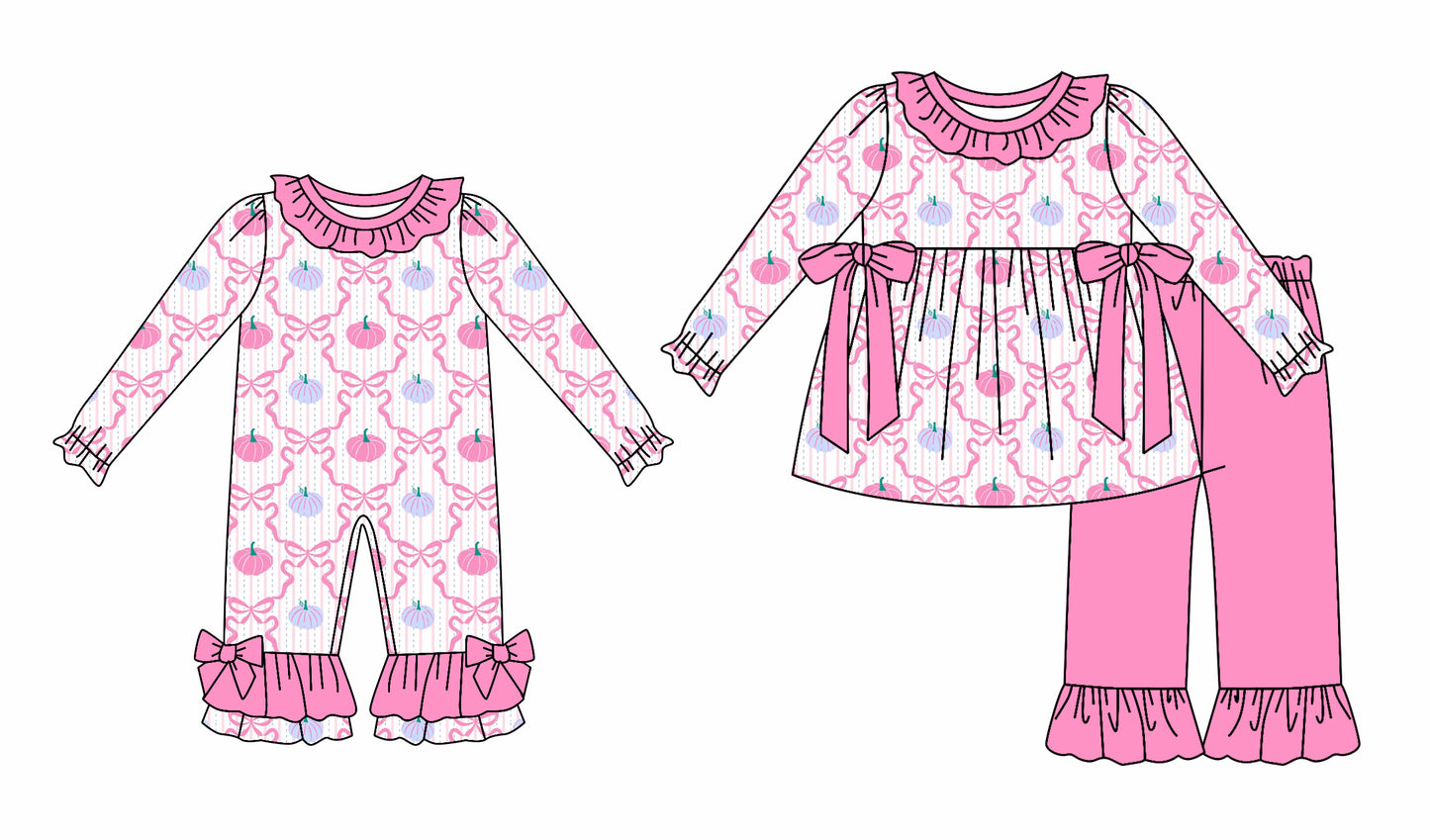 25.6.16 custom each style moq 5eta 4-6week Sibling Sisters pumpkin bow baby girl long sleeve pants sets and rompers match family design