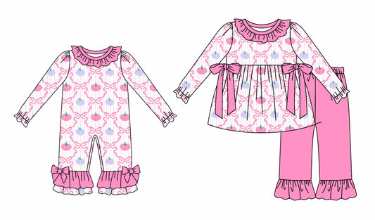 25.6.16 custom each style moq 5eta 4-6week Sibling Sisters pumpkin bow baby girl long sleeve pants sets and rompers match family design