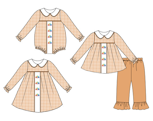 25.6.7 custom each style moq 5eta 4-6week Sibling Sisters turkey baby girl long sleeve pants sets and dress and rompers match family design