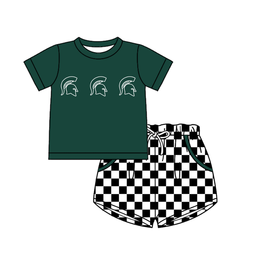 Custom moq 5 mix size milk silk summer teams Boy's Short Sleeved Green Top Plaid Shorts Set Girl's Short-Sleeved Set with Matching Swimsuits Adult Shorts