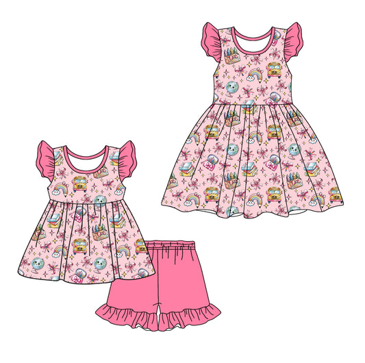 3.11 Custom moq 5 mix size Sibling Back To School Baby Girl's Pink Flutter Sleeve Top And Shorts Set Matching Cute Dress for Summer