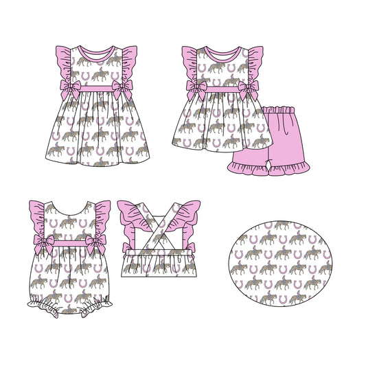 12.11 custom each style moq 5eta 4-6week Sibling Sister riding horse baby girl short sleeve shorts sets and dress and rompers match family design