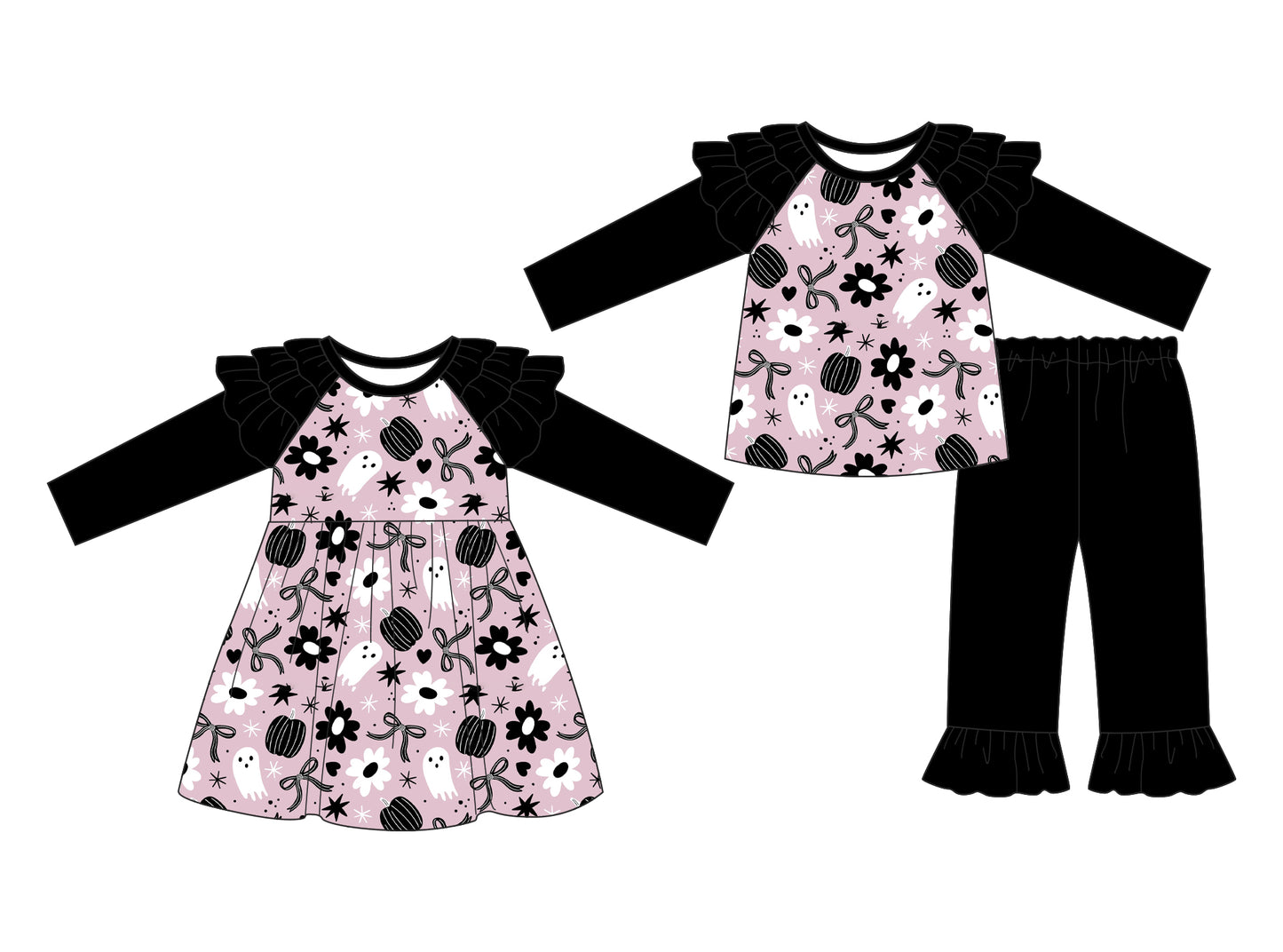 25.7.16 custom each style moq 5eta 4-6week Sibling Sisters ghost bow baby girl long sleeve pants sets and dress match family design