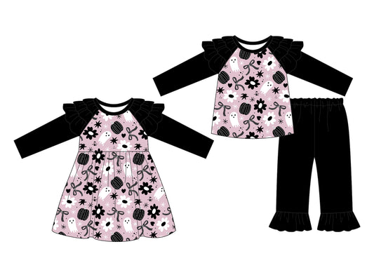 25.7.16 custom each style moq 5eta 4-6week Sibling Sisters ghost bow baby girl long sleeve pants sets and dress match family design