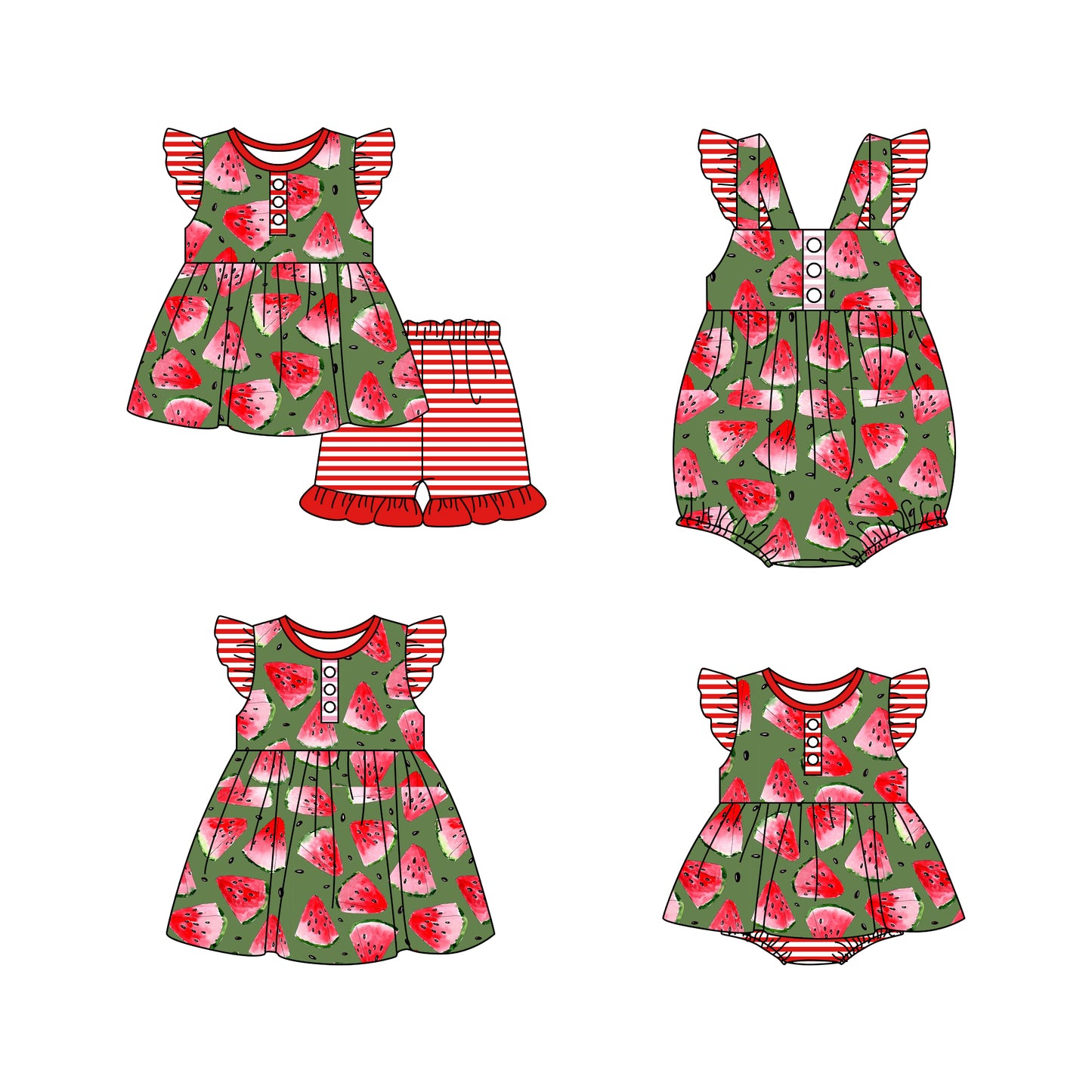 11.19 custom each style moq 5eta 4-6week Sibling Sister watermelon baby girl short sleeve shorts sets and girls romper and boy romper and dress match design