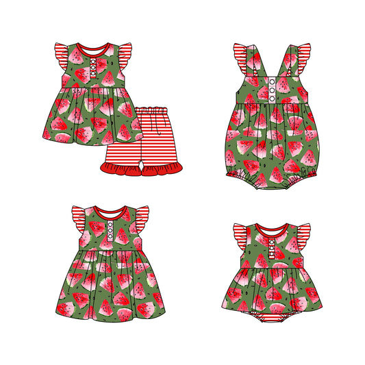 11.19 custom each style moq 5eta 4-6week Sibling Sister watermelon baby girl short sleeve shorts sets and girls romper and boy romper and dress match design