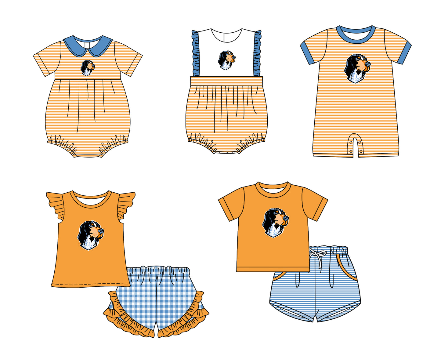 Custom moq 5 mix size milk silk summer teams Baby Boys And Girls Orange Short-Sleeved Shirt And Shorts Set Matching Striped Rompers Outfit Set
