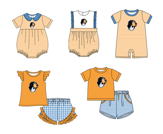 Custom moq 5 mix size milk silk summer teams Baby Boys And Girls Orange Short-Sleeved Shirt And Shorts Set Matching Striped Rompers Outfit Set