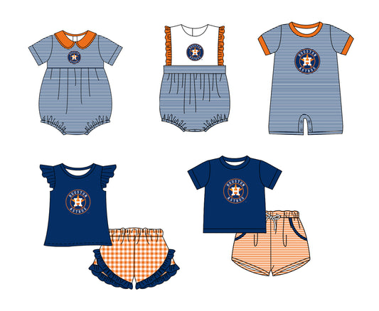 Custom moq 5 mix size milk silk summer teams Baby Boys And Girls Short-Sleeved Navy Blue Shirt And Shorts Set Matching Striped Rompers Outfit Set