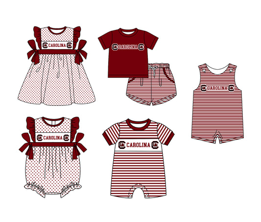 Custom moq 5 mix size milk silk summer teams Boys Short Sleeve Dark Red Top Striped Shorts Set With Matching Romper Girls Flutter Sleeve Polka Dot Dress Romper