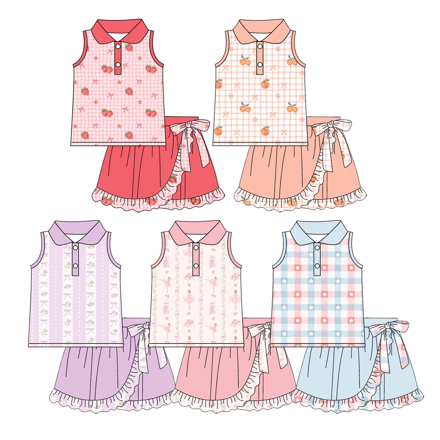 Custom moq 5 mix size Baby Girl Printed Sleeveless Top And Skirt Set Cute And Fashionable Outfit for Little Girls