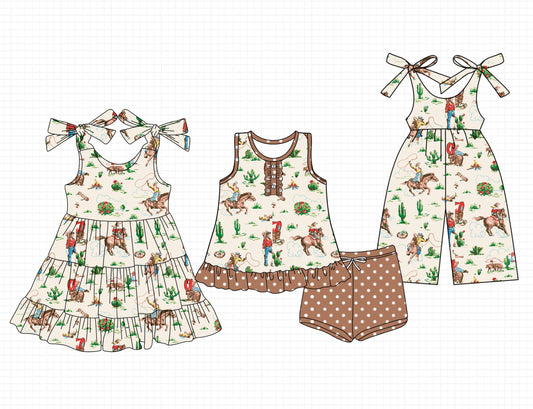 4.21 custom each style moq 5eta 4-6week Sibling Sister riding horse catcus baby girl short sleeve shorts sets and dresses and jumpsuit match design