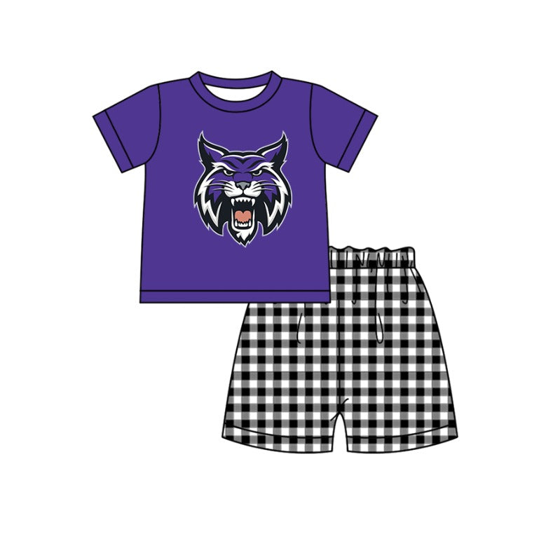 Custom moq 5 mix size milk silk summer teams baby girl boys clothes Purple Black and white checkered short sleeve shorts sets 3 and dress and rompers 2 series